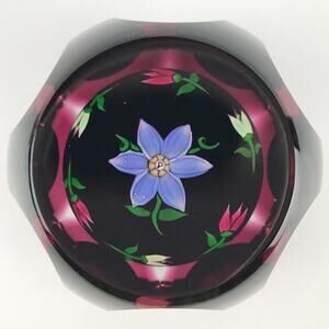 Perthshire 1980C Floral Amethyst Flash Overlay Faceted Lampwork Paperweight Cert